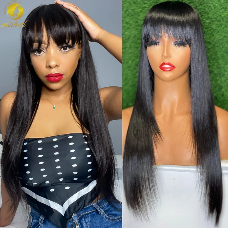 Mishell Bang Wigs For Black Women 100% Human Hair Wigs Cheap Brazilian Straight Black 30 40 Inch Long Fringe Wig
