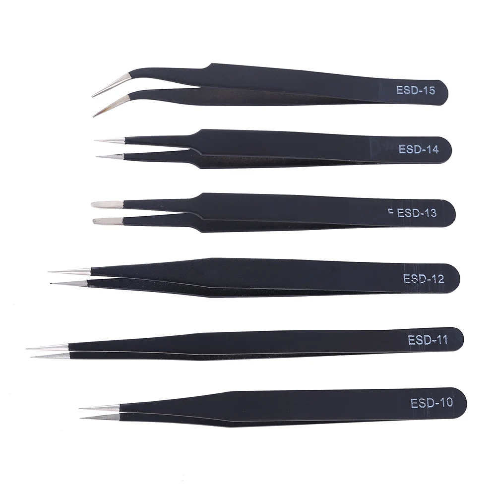 

2021 new 6Pcs anti-static ESD stainless steel tweezers repair tool industrial precision bending straight tweezers repair tool