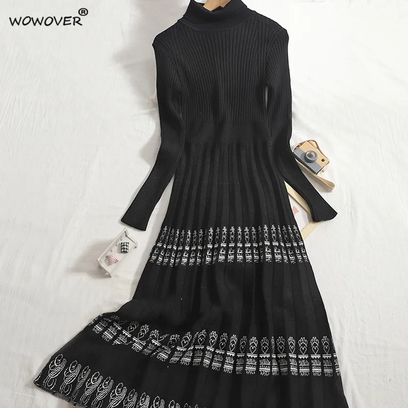 

Autumn Winter Fashion Turtleneck Striped Midi Knitting Sweater Dresses Women Long Sleeve Casual Vintage Party Vestidos Black