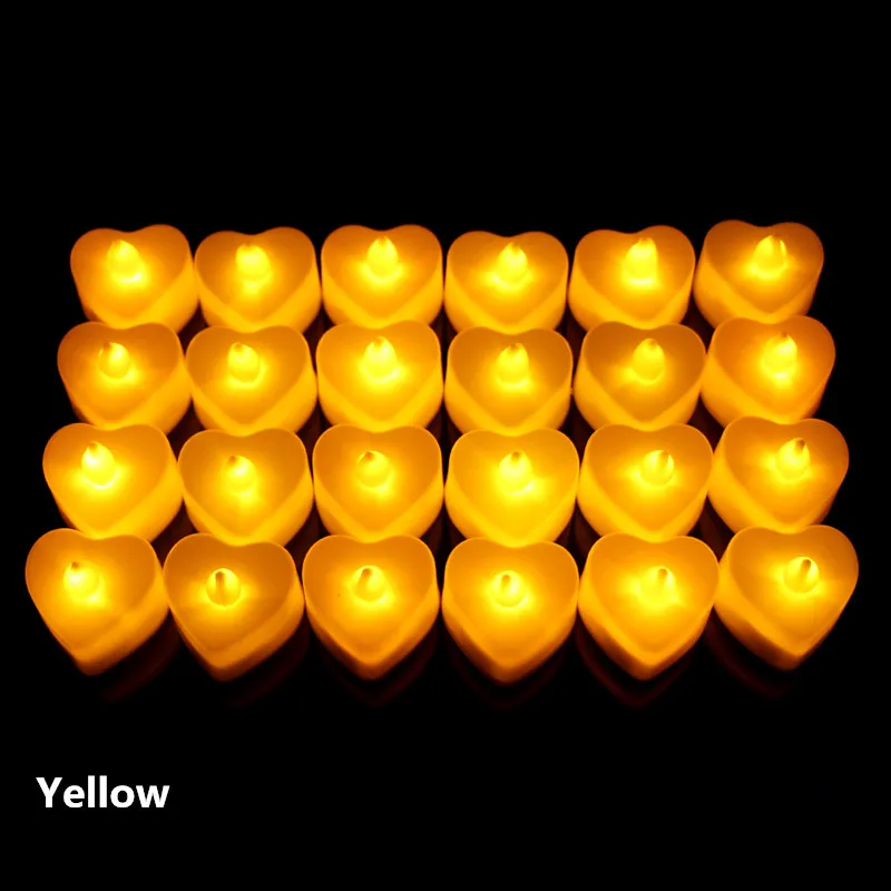 heart yellow 24 шт. светодиодный светильник-свеча для чая, лампа на батарейках, имитирующая цвет пламени, мигающие свечи для украшения дома, свадьбы, дня рождения, вечеринки - Цвет: heart yellow