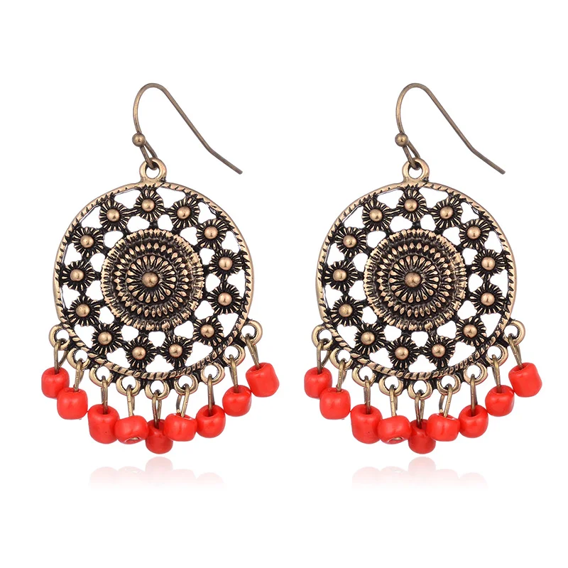 

2022 women's exaggerated Bohemian retro national style zinc alloy ancient gold rice beads pendant earrings classic jewelry