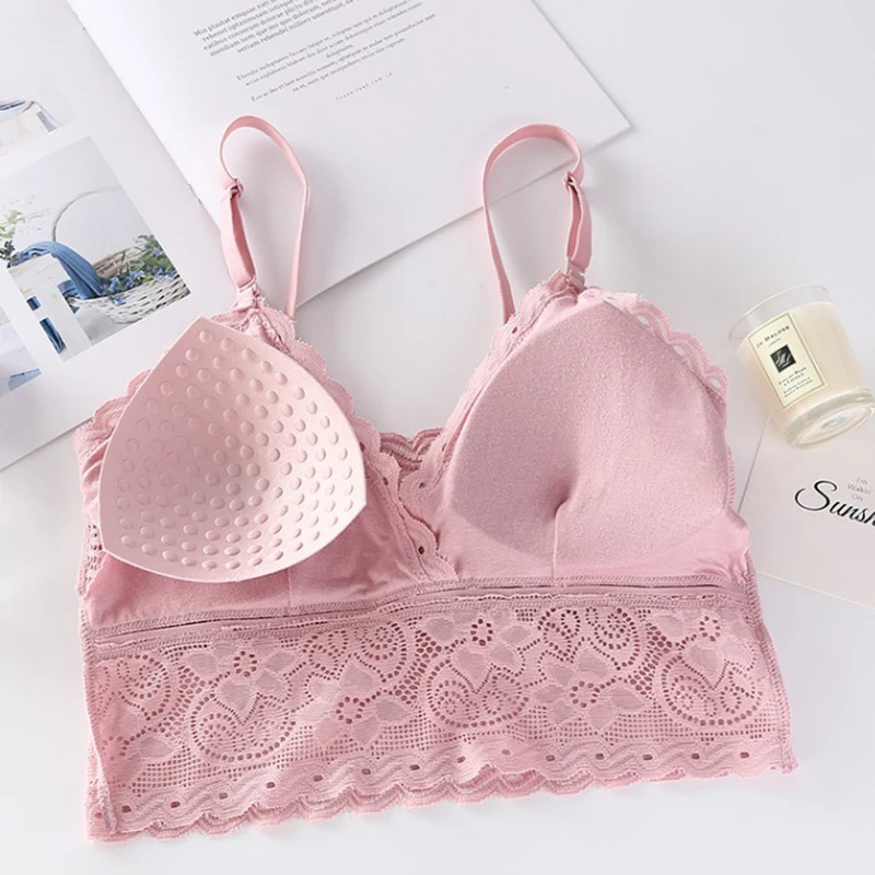 

1PCS Women Embroidery Floral Tank Top Fashion Wireless Bra Padded Bralette Deep V Lace Bras Summer Crop Top
