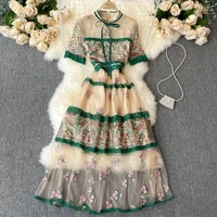 runway new flower embroidery dress women short sleeve o neck bow vintage mesh dress female patchwork lace floral mid calf dress