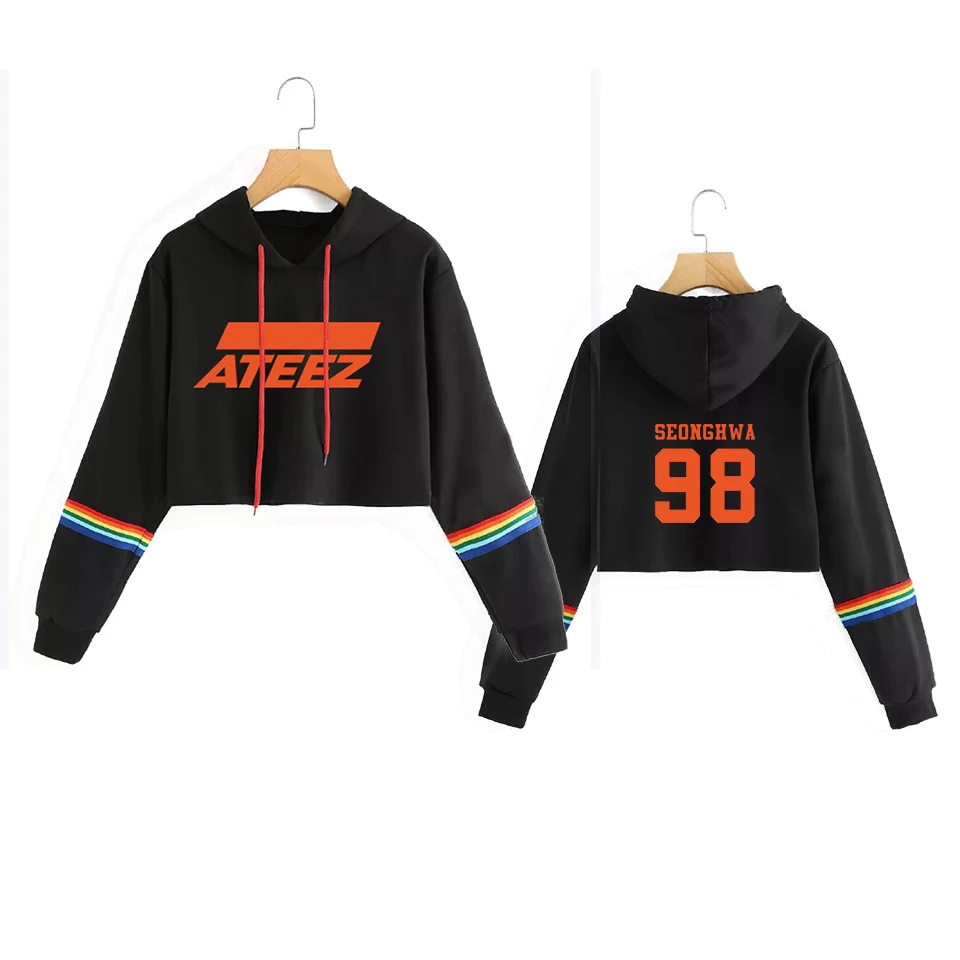 K-pop группа ATEEZ сексуальный укороченный открытый пупок укороченная Толстовка Женский пуловер уличная Подростковая толстовка с именами членов группы