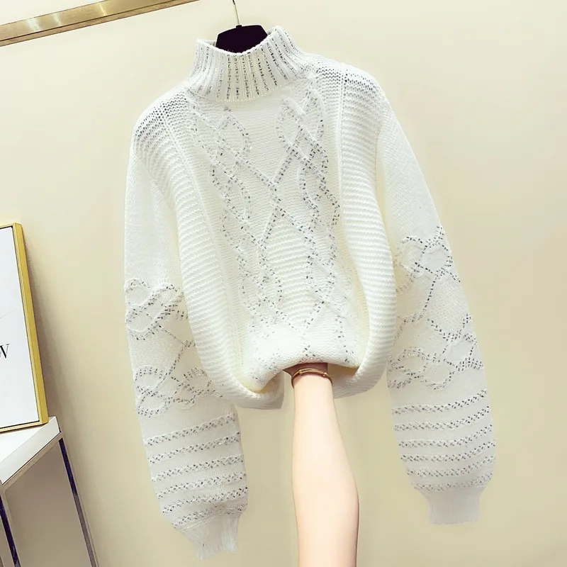 

Women's Loose Sweater Fall Winter New Hot Drill Pullover Top Woman Turtleneck Knit Pullovers Black Knitted Coat Ladies Sweaters