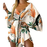 2021 women dress summer asymmetrical hem mini tropical print sexy tie front v neck dress beachwear irregular batwing sleeve