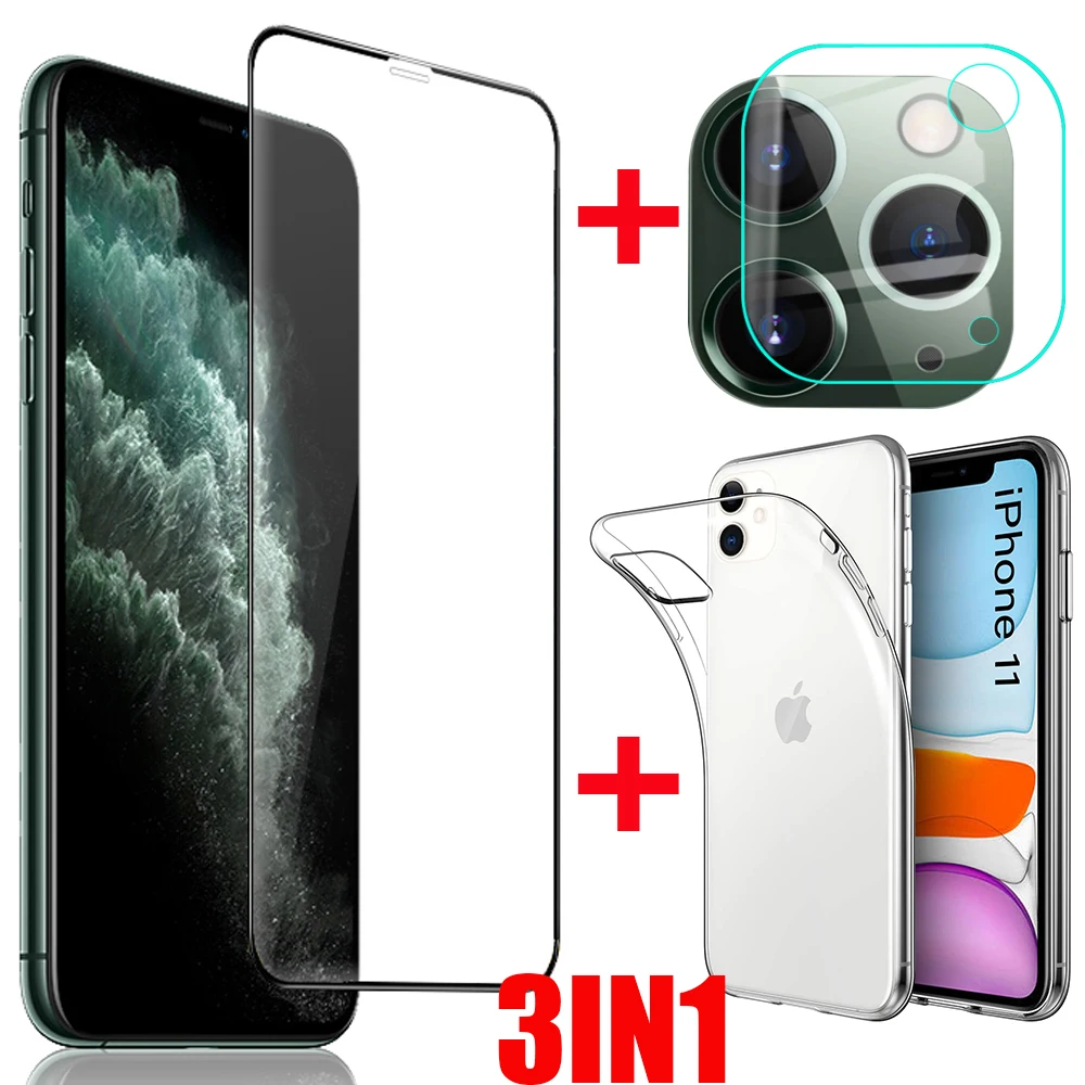 3-в-1 мягкий чехол + меньше протектор камеры закаленное стекло для Apple iPhone 11 Pro Max SE