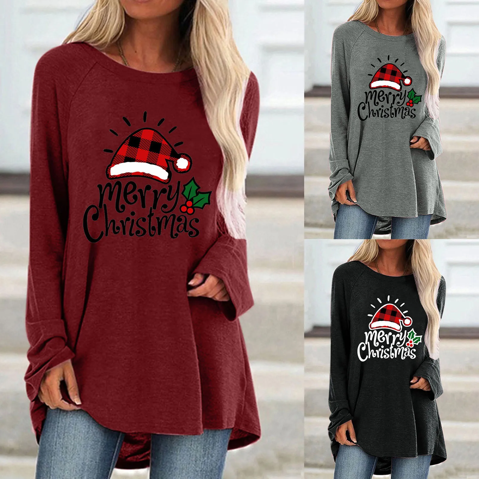 

2022 Christmas New Women Blouses O-neck Christmas Printing Long Sleeve Blouse Sweatshirts Winter Fashion Pullover Женские блузки