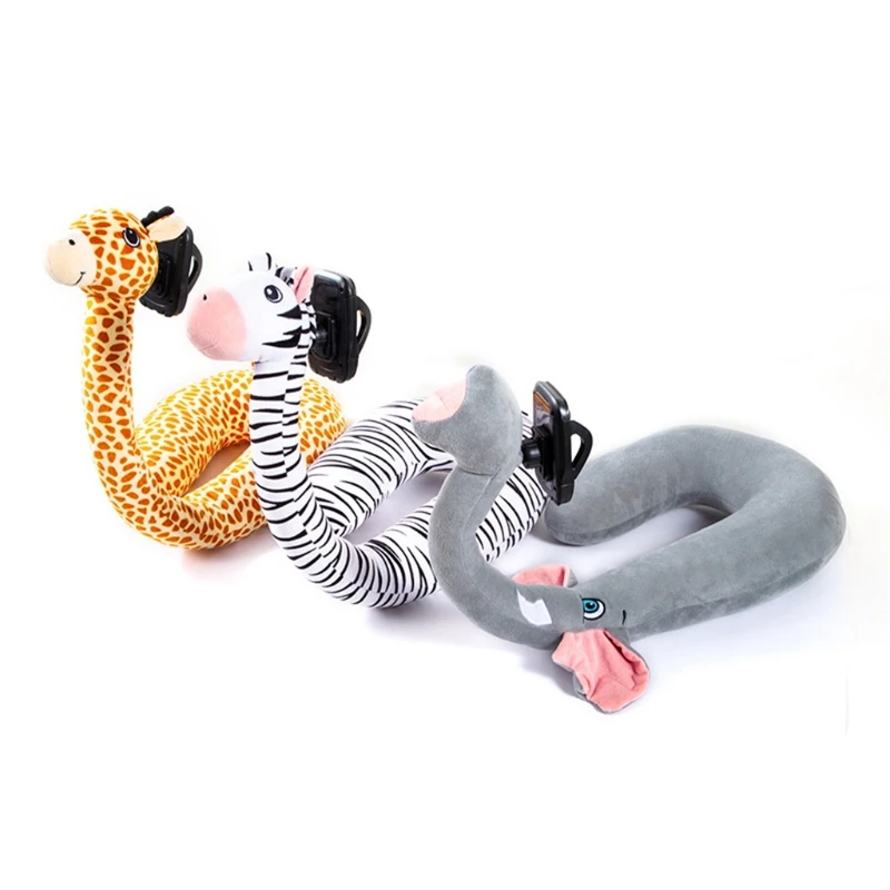 

2 In 1 Travel U-Shaped Neck Pillow with Mobile Phone Holder Cartoon Animal Flexible Plush Cushion Hands Free Bracket