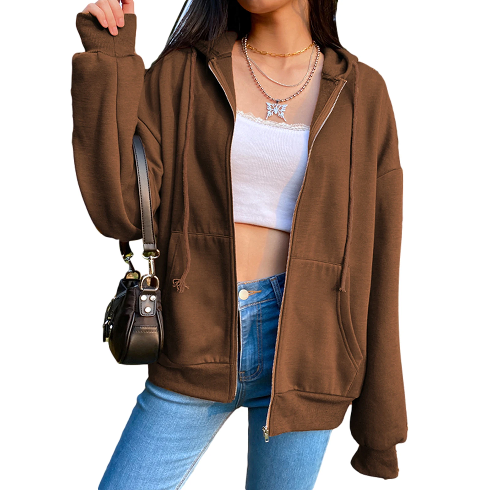 

Women's Oversized hoodie Vintage Zip Up Sweatshirt Winter Autumn Jacket Clothes Pockets Long Sleeve