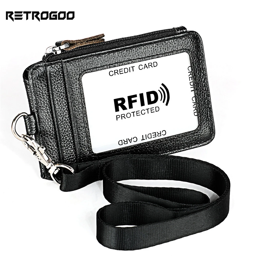 RETROGOO Genuine RFID Blocking Business ID Card Holder With Lanyard Credit Card Holder Purse Small Wallet Ultra Slim Card Holder