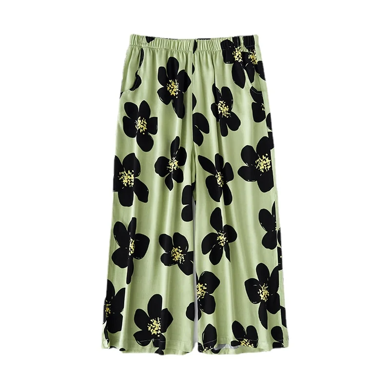 

Японские свежие тонкие вискозные новые женские брюки с принтом Пижама с широкими штанинами свободные летние укороченные брюки штаны для до...