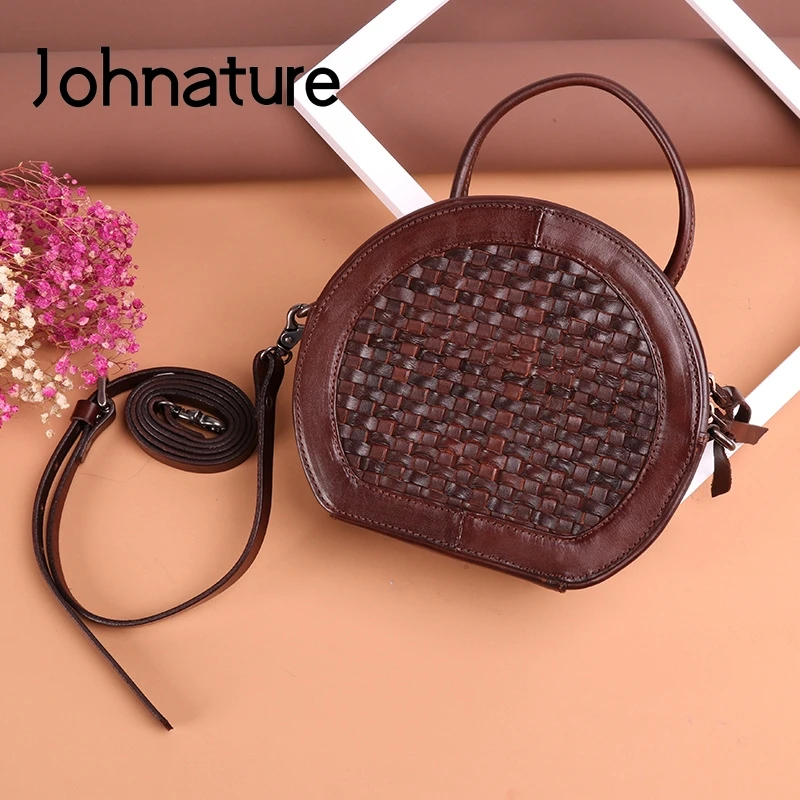 

Женская сумочка ручной работы Johnature, круглая сумка из натуральной воловьей кожи в стиле ретро, сумка-мессенджер на плечо, для отдыха, 2021