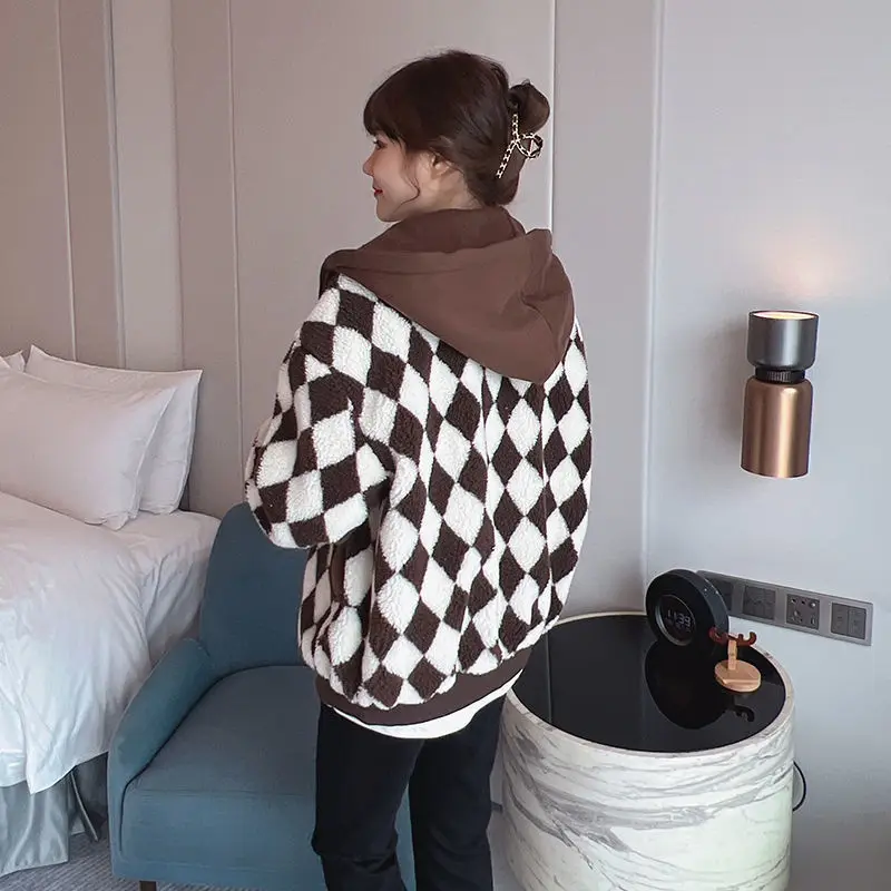 

New Wool Blends Jackets Women Winter 2021 Diamond Plaid Women's Winter Sheepskin Coat Hooded Jacket Thick Warm Parkas Fashion