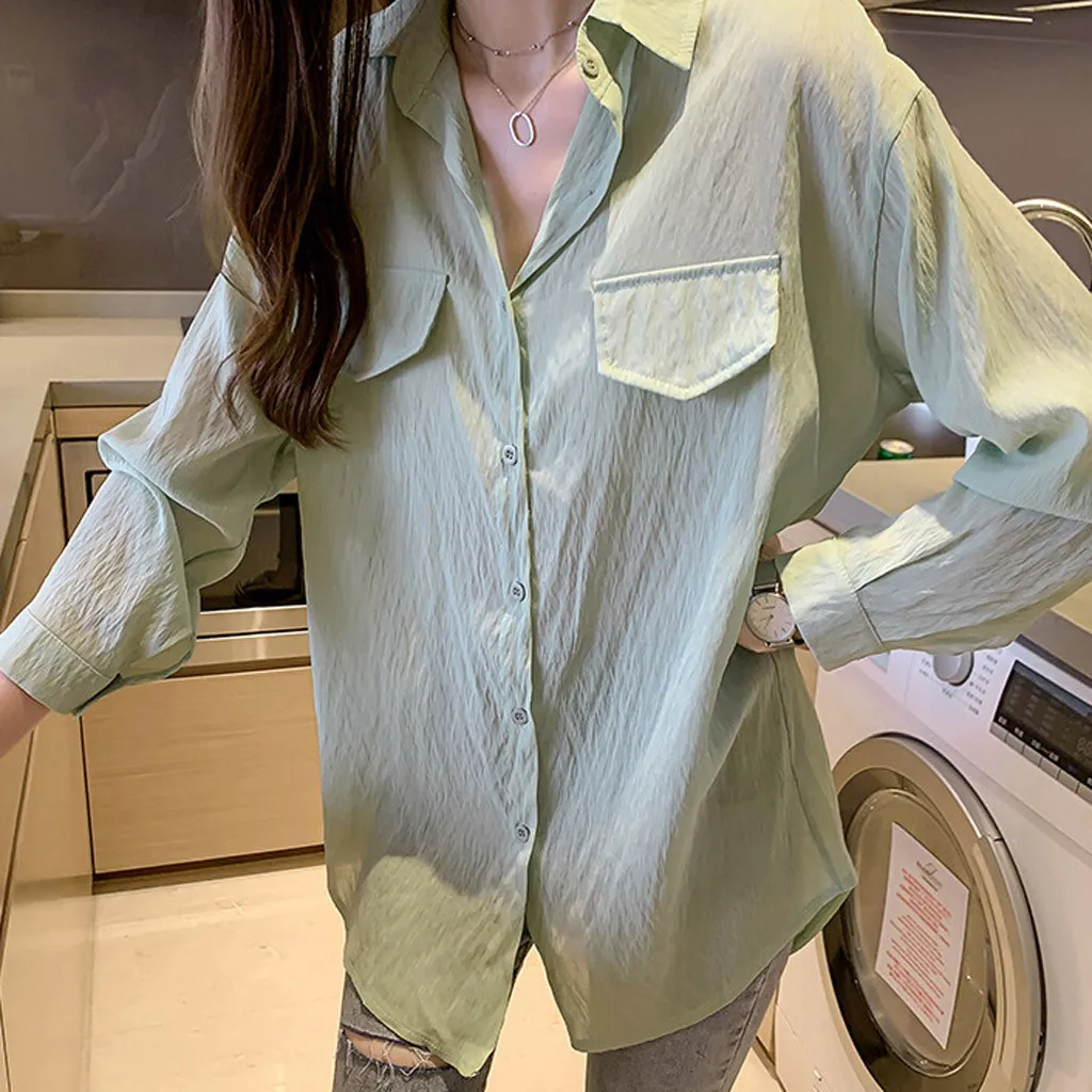 2019 Spring One Pocket Women pink Shirt Female Blouse Tops Long Sleeve Casual Turn-down Collar OL Style Loose Blouses#g5 | Женская