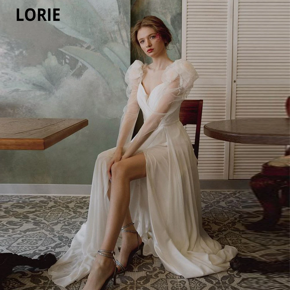 

LORIE A-line Sweetheart Tulle Wedding Dress 2021 Sexy Side Slit Boho Vestidos De Novia Illusion Sleeves Robe De Mariée