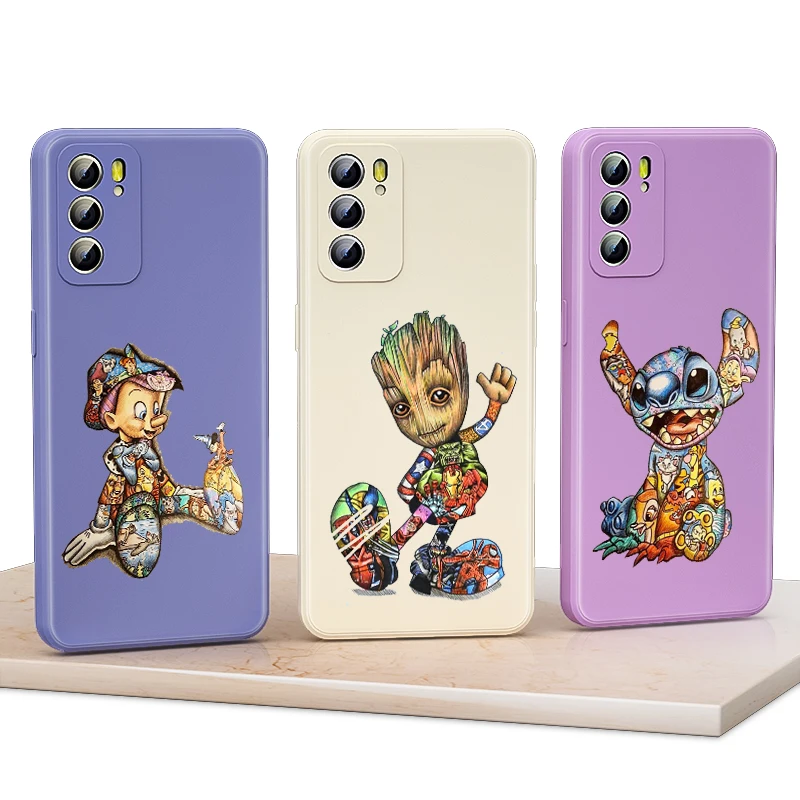 

For OPPO Reno 6 5 5K 5F 4F 4Z 4 3 2 2F 2Z Z Pro Plus Lite 5G Phone Case Mickey Minnie Tattoo Disney Liquid Silicone TPU Capa