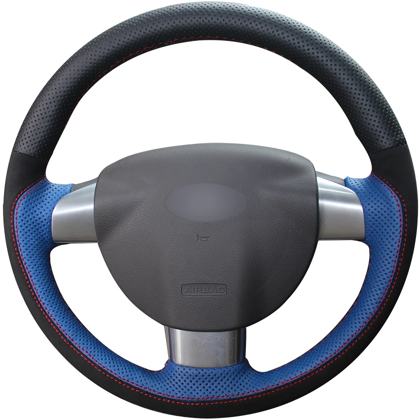 

Black Suede Black Blue Natural Leather Car Steering Wheel Cover for Ford Focus 2 2005-2011 (3-Spoke)