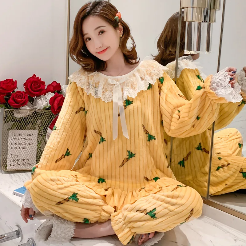 

Пижамный комплект кружевная одежда для принцессы мультяшный желтый фланелевый пижамный комплект для женщин