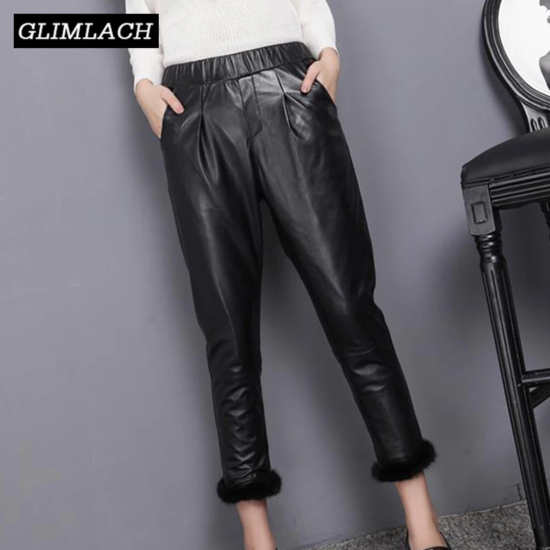 2021 New Women Real Leather Harem Pants Spliced Mink Fur 100% Sheepskin Elastic Waist Genuine Leather Trousers Female Fashion