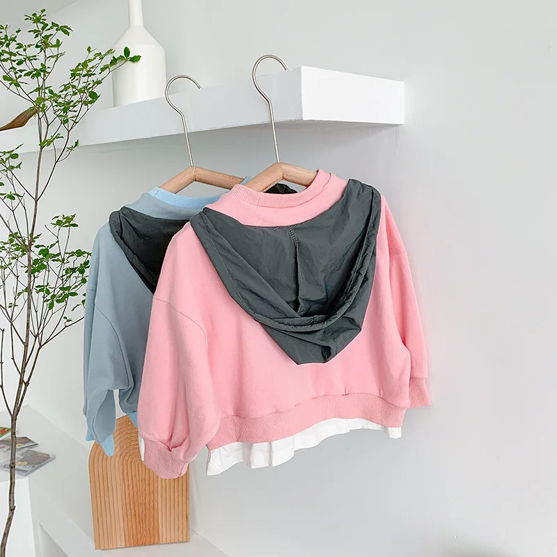 

Sister and Brother Clothing Hooded Jacket Sweatshirts for Kids Fake Two Pieces Patchwork Top Children's Autumn Clothes