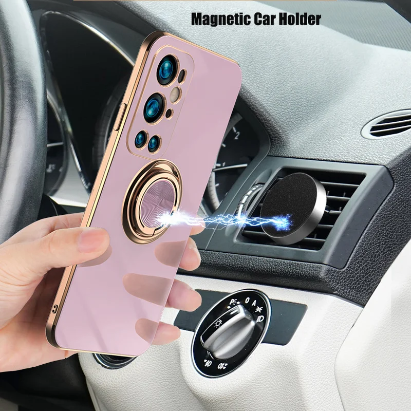 gold plating square frame silicone magnetic ring holder phone case for oneplus 9 pro 9pro one plus 9 stand candy soft back cover free global shipping