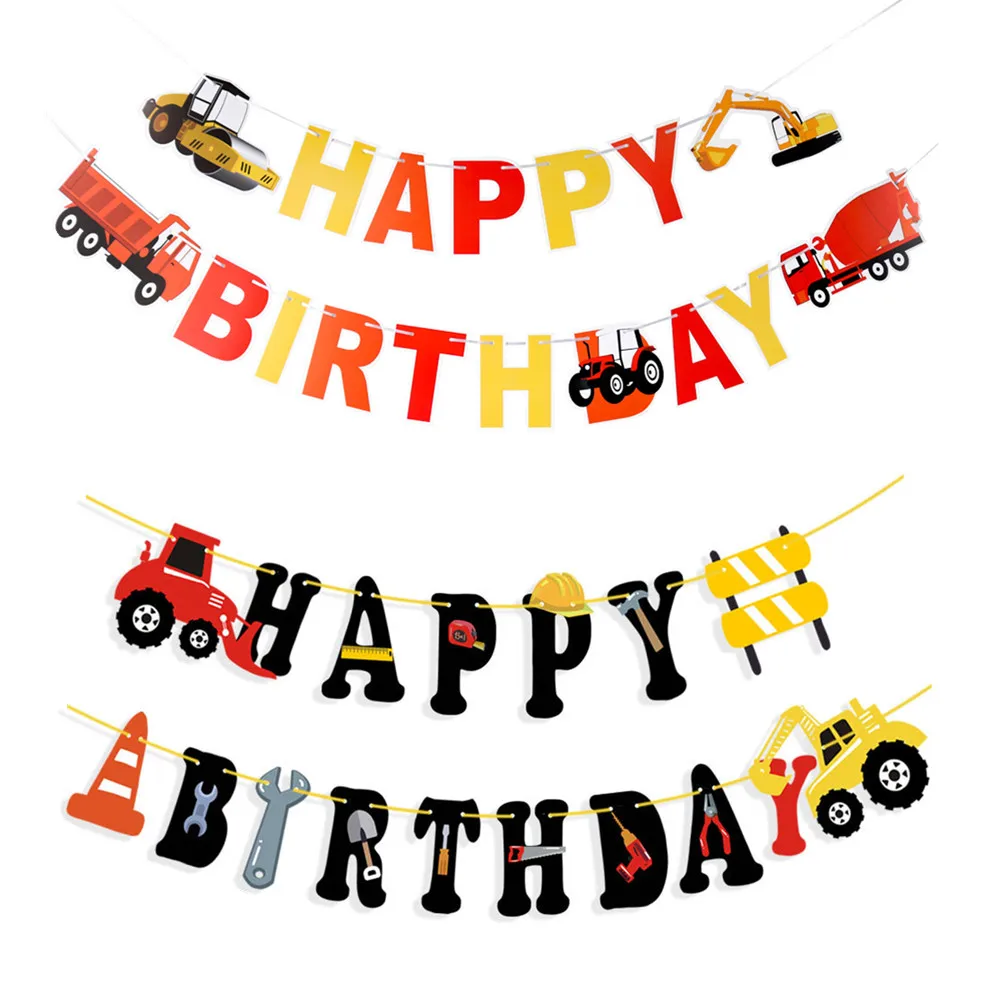 

Happy Birthday Banner Construction Vehicle Excavator Flags Engineering Vehicles Theme Kids Birthday Party Decoration