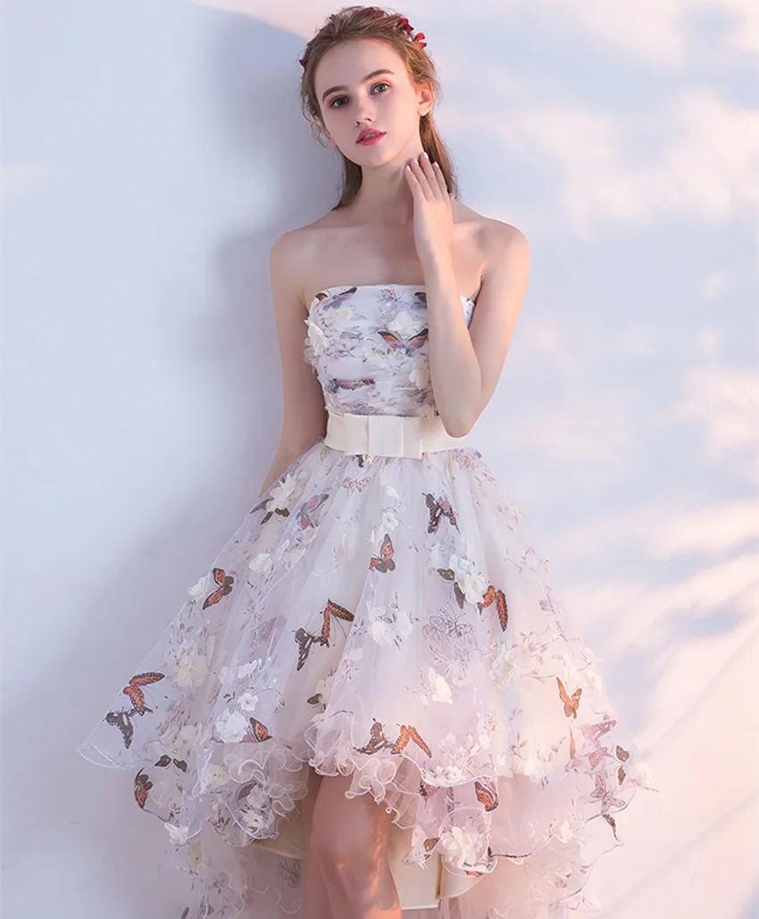 Женское вечернее платье без бретелек роскошное с цветочным принтом и объемными