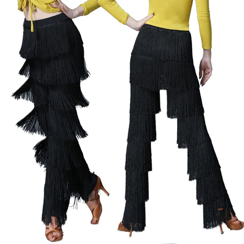 2021 Black Women Tassels Latin Pants Ballroom Cha Cha Samba Bachata Latin Salsa Dance Pants Dancewear For Ladies K10