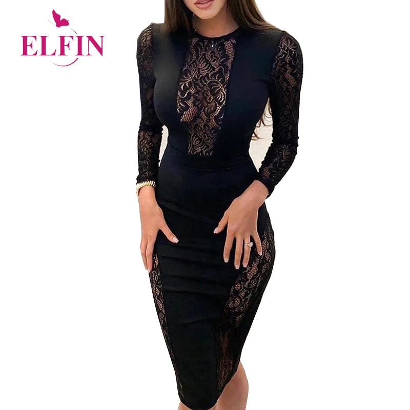 Женское Прозрачное платье с длинным рукавом Черное Кружевное облегающее в стиле