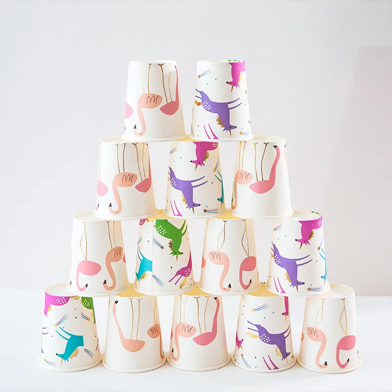 8pcs Party Disposable Paper Cups Juice Cup Cartoon Flamingo DIY Decor Baby Shower Kids Birthday Wedding Picnic Tableware Supply