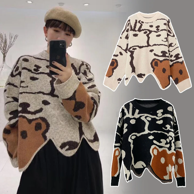 

Harajuku Irregular Wavy Cute Bear Knitted Pullover Women Sweaters Autumn Winter Vintage Female Daily Cute Oversized Tops
