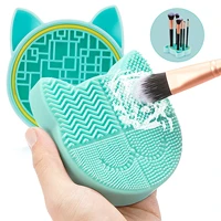 2 in 1 silicon cat shaped brush cleaner pad with cosmetic brush organizer rack portable fast cleaning washing tool for makeup