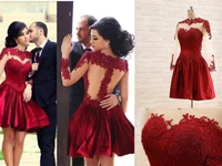 pv6044 beautiful a line see through applique lace red short prom dress long sleeve