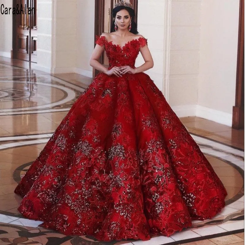 Роскошное красное бальное платье с открытыми плечами и блестками Quinceanera