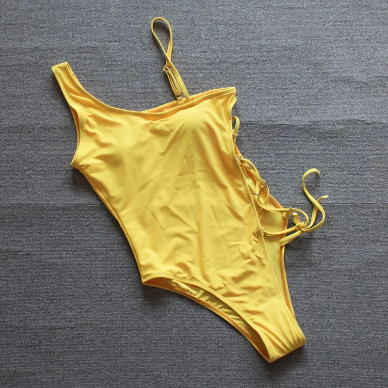 

One Shoulder Swimsuit Solid One Piece Swimwear Women Bandage Bathing Suit String Monokini High Cut Biquini Sexy Swimsuit 2021