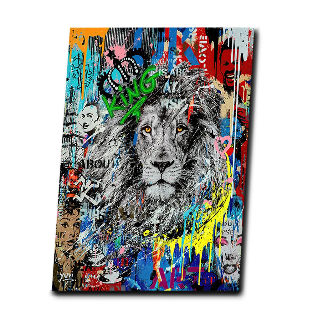 

Framed Ready to Hang Wall Art Abstract Lion Graffiti Art Paintings Print on Canvas Posters Animals Street Pictures Home Decor