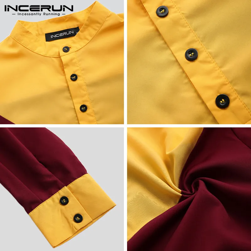

INCERUN Arabic Islamic Kaftan Muslim Men Stand Collar Patchwork Retro Jubba Thobe Long Sleeve Men Indian Clothes Robe S-5XL 2021