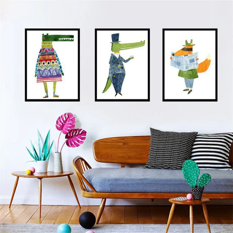 Мультяшное животное крокодил лиса волк детская настенная живопись на холсте