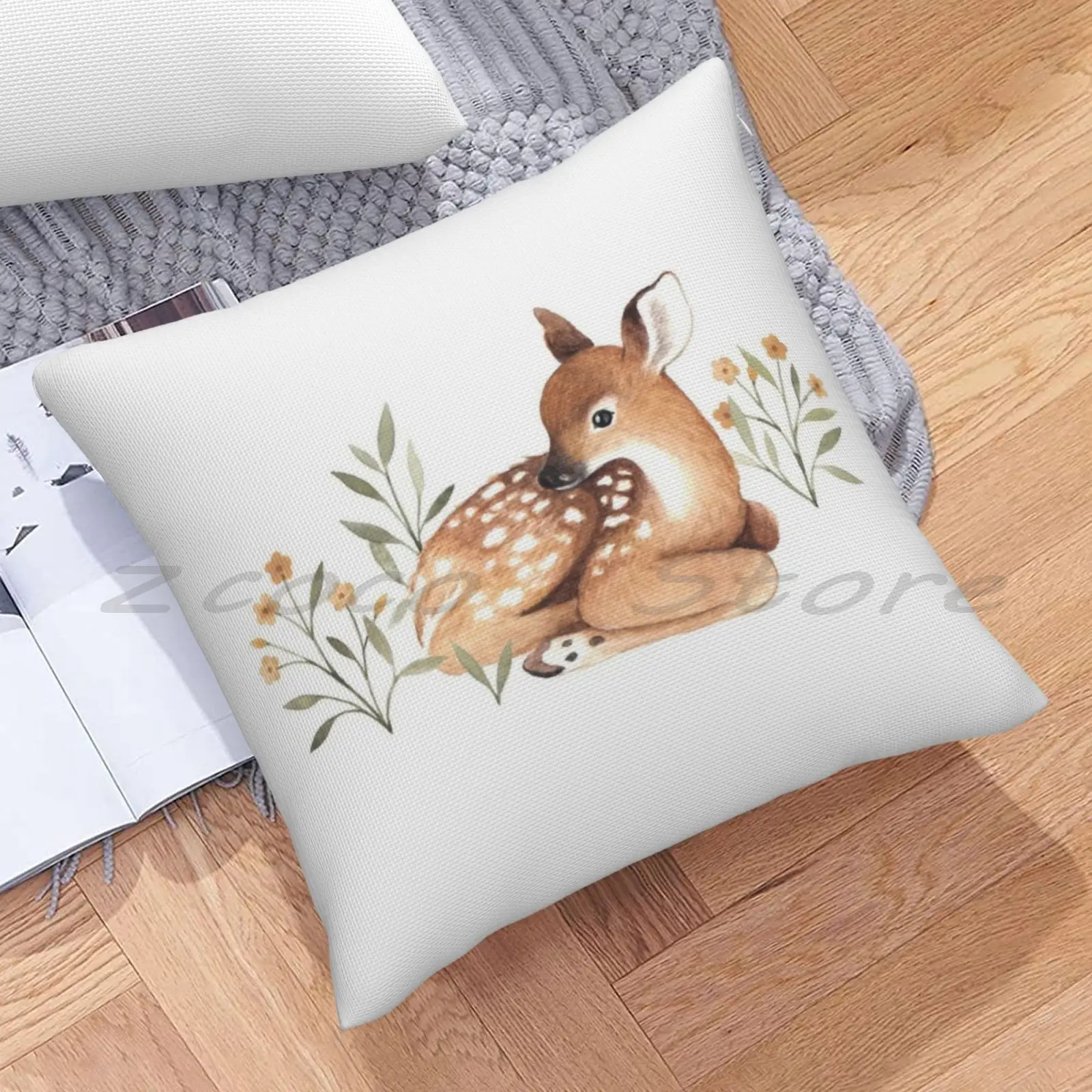 Наволочка с рисунком луга и оленя хлопковая льняная плюшевая наволочка помпоном