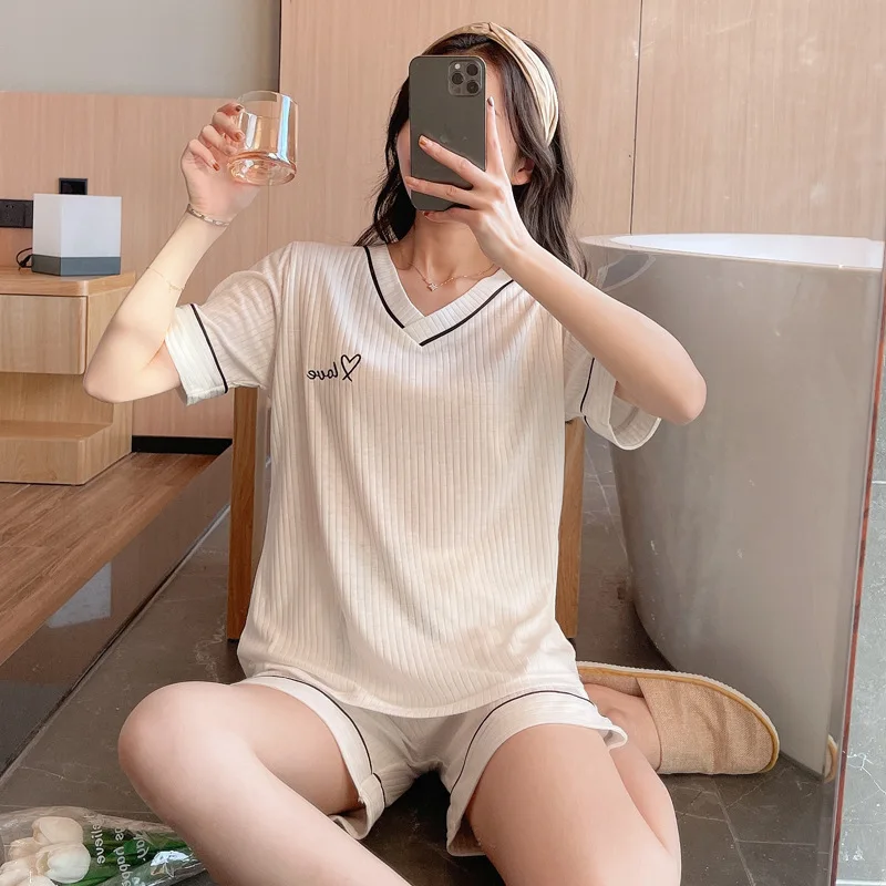 2021 Summer Women's Pajamas Short Sleeve V-neck Cotton Nightwear Pure Color Letter Shorts Sweet Lovely Home Suit Thin Sleepwear