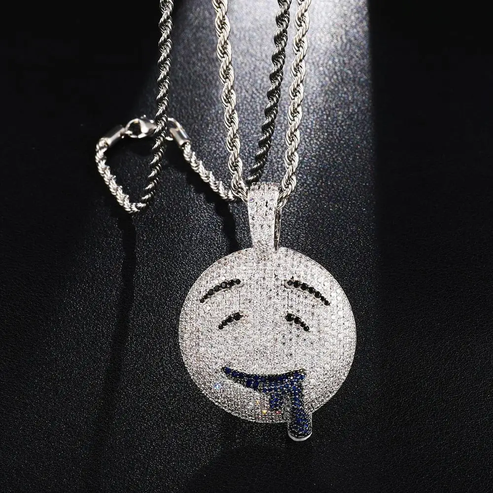 Drool Round Face Pendant With Tennis Chain Iced out Charm Bling Cubic Zircon Men's Hip hop Necklace Rock Jewelry | Украшения и