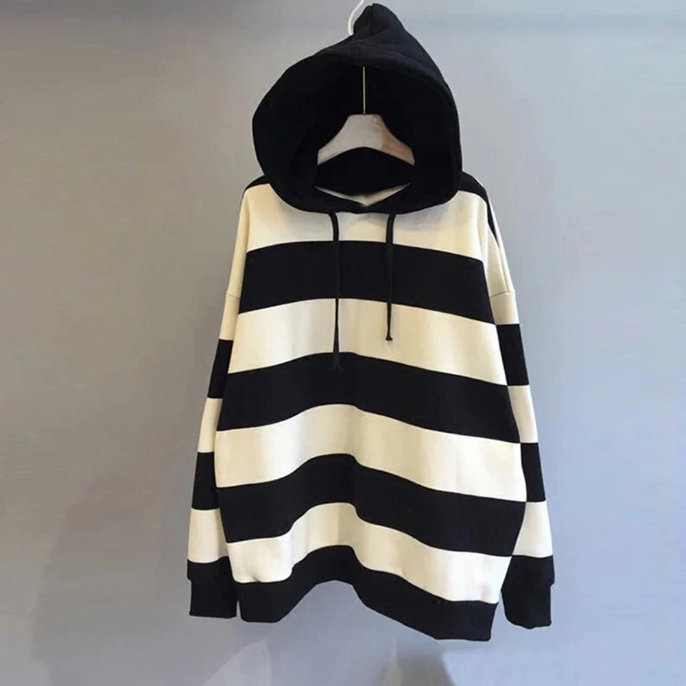 

Autumn Winter Stripe Print Sweatshirt Women Casual Long Sleeve Hoodie Hip Hop Hooded Loose Sweatshirt