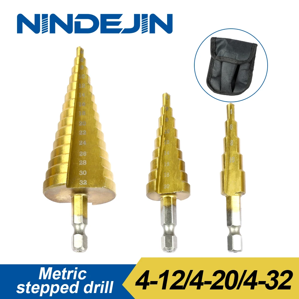 

NINDEJIN Metric Step Drill Bit Set 4-32mm HSS Hex Shank Titanium Coated Stepped Cone Drill Bits for Metal Wood Steel