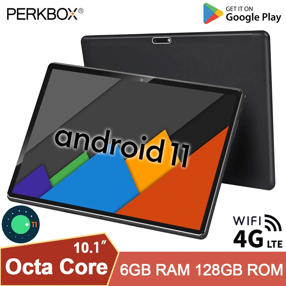 Perkbox 10.1'' Tablet Android 11 OS 4G Network Octa Core CPU 6GB RAM 128GB ROM Tablets PC Phone Call WiFi Type-C Youtube GPS Pad
