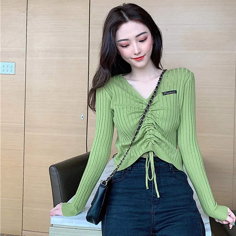 

Ladies Autumn Winter Letter Print Slim Drawstring Sweater Drawstring Long Sleeve Fashion Tops