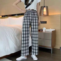 2022 new womens summer high waist plaid pants slim straight wide leg loose drape casual mopping fashion trousers one size top