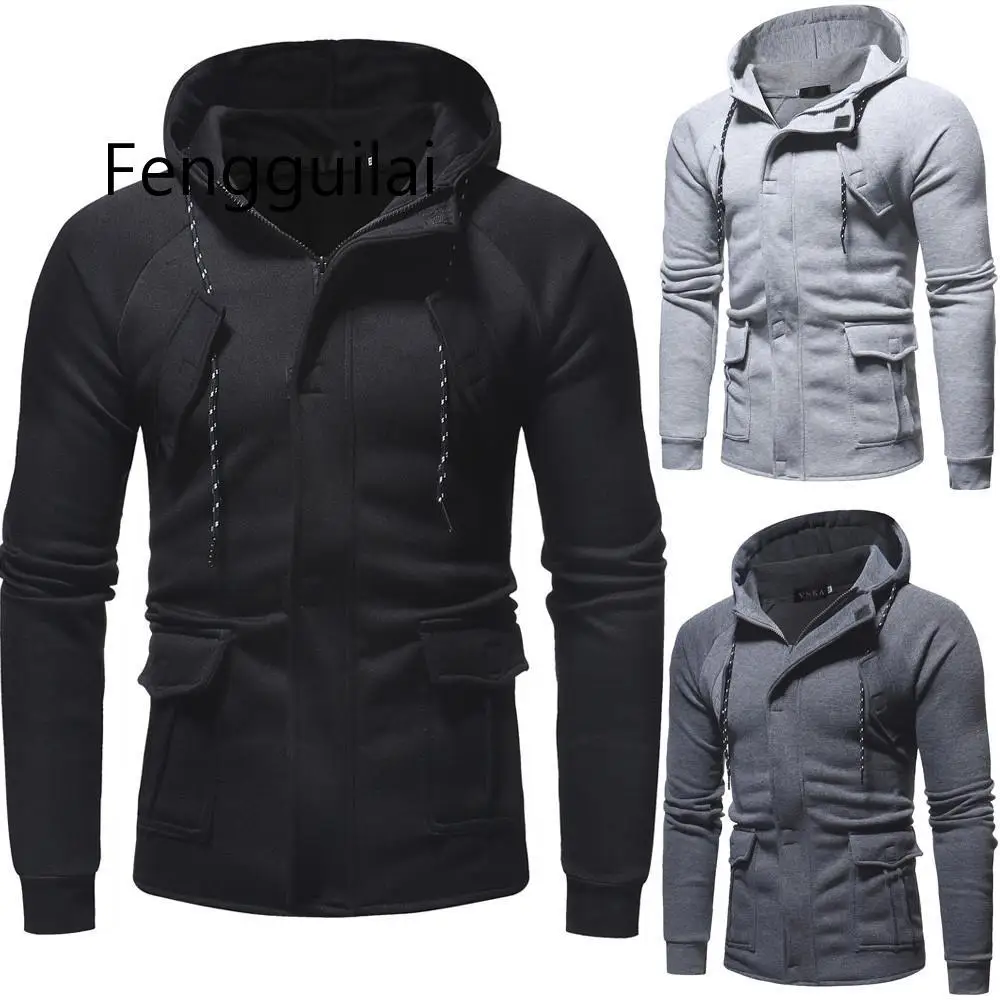 FENGGUILAI Mens Autumn Winter Casual Outwear Long Sleeve Zipper Pocket Work Hooded Top Fashion Blouse Gray Black
