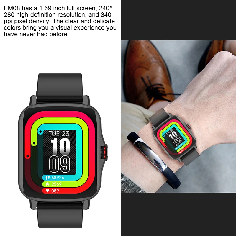 

HTHwish FM08 Smart Watch Men Bluetooth Call Real Heart Rate Monitor DIY Dial 1.69 Inch Screen Smartwatch For Android