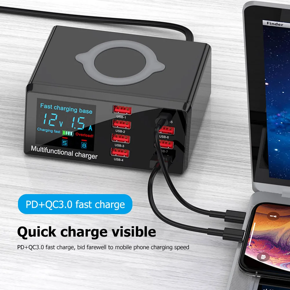 X9 100W 8 Port USB Charger Hub PD Quick Charge 3.0 Adapter LED Digital Display Desktop Charging Station Wireless onX9 100W 8 Портовая зарядная станция USB с PD быстрой зарядкой 3.0 Адаптер LED цифровым дисплеем для настольной зарядки Беспроводная активна.